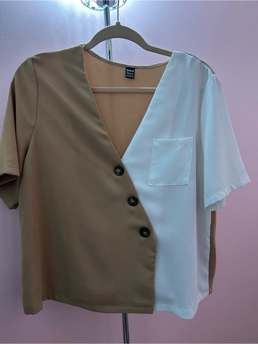 SHEIN Tan and White Colorblock V-Neck Button Front Blouse